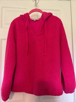 LOFT Bright Fuchsia Plush Sherpa Hooded Pullover thumbnail 1