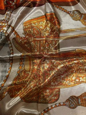 VINTAGE Equestrian ivory/ORANGE Horses&Tassels Print silky Scarf 35’/35’ thumbnail 19