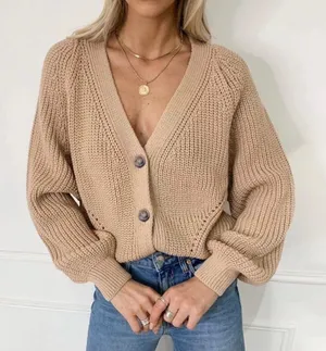 NEW Tan Khaki Knitted V-neck Oversized Cardigan thumbnail 1