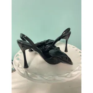 Black Patent Leather Size 6.5 Slingback Heels Open Toe Bow‎ Classy S-312 thumbnail 6