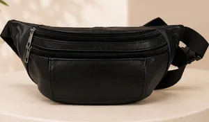 Genuine Leather Black Fanny Pack Belt Bag Crossbody Waist Pack Multi Zip Travel thumbnail 1