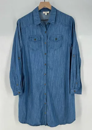 Umgee Blue Chambray Denim Button Front Shirt Dress‎ Long Roll Tab Sleeve Casual thumbnail 1