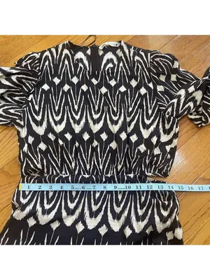 Zara Printed Midriff Cutout Brown Cream Ikat Tribal Puff Sleeve Maxi Dress Sz S thumbnail 12