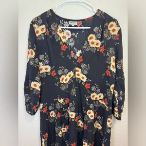 The Odells x Anthropologie Black Floral‎ Print Rayon V-neck Midi Dress Size M thumbnail 2
