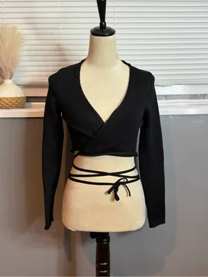 Zara Black Wrap Tie Long Sleeve Crop Top Size Medium thumbnail 2