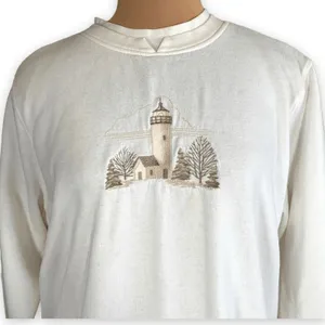 Vintage Cream Embroidered Lighthouse Sweatshirt Large Petite LP Cozy‎ Cottage thumbnail 4