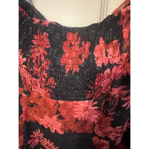 Lulus Truly Charming Floral Midi Dress Small Black Red Puff Sleeve Cutout NWT thumbnail 9