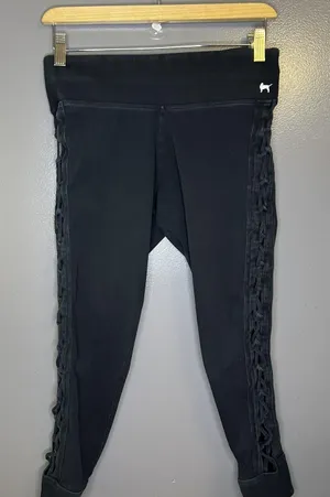 PINK Victoria's Secret Leggings Womens Medium Black Yoga Lattice Cutout thumbnail 1