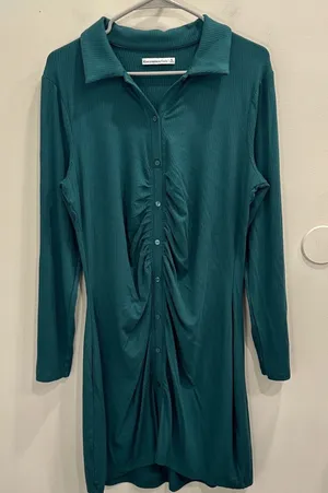 Abercrombie & Fitch Emerald Green Ribbed Ruched Long Sleeve Mini Shirt Dress XL thumbnail 1