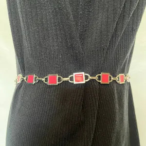 Y2K NY Pink Enamel Link Silver Chain Womens Belt Sz S 31" Adj Festival Coquette thumbnail 4