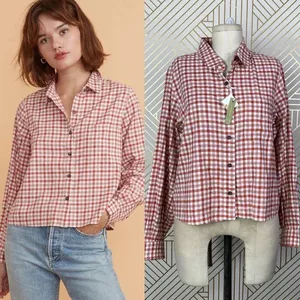 Marine Layer Madeline Relaxed Crop Shirt in Red & White‎ Plaid Size US Medium thumbnail 2