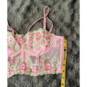Fairycore Coquette Pink Green Floral Embroidered Corset Top Finesse Olivia M thumbnail 13
