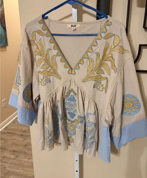Blue Velvet Boho Embroidered Babydoll Top Beige Blue Yellow V-Neck S/M thumbnail 1
