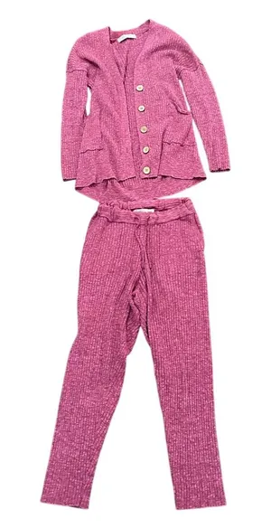 Free People FP Beach Pink Knit Lounge Set Cardigan & Pants XS thumbnail 1