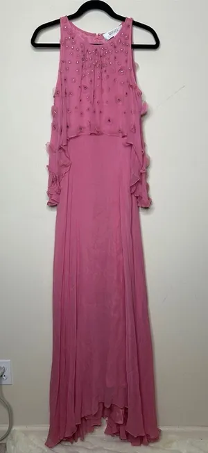 FLAW Badgley Mischka Pink Bejeweled Dress Gown Y2K Vibe Sleeveless 100% Silk thumbnail 1