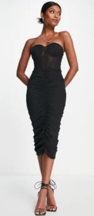 ASOS DESIGN Premium Mesh Bandeau Corset Ruched Black Midi Dress Size US 6 thumbnail 1