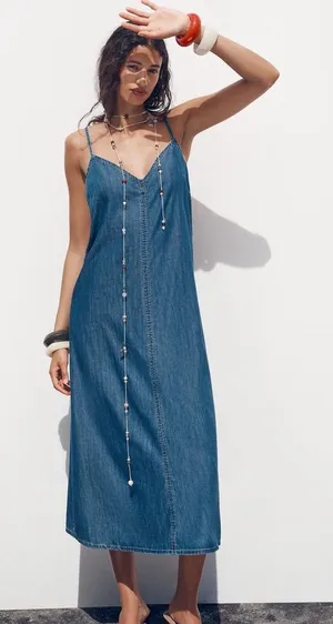 Zara Denim Slip Midi Dress in Blue thumbnail 1