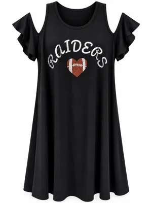Raiders Cold Shoulder Tunic Dress Black Ruffle Sleeve rhinestones Game Day Large thumbnail 1