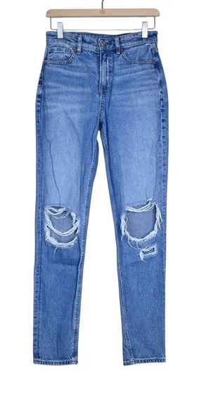 American Eagle Women's 2 Long Distressed Straight Leg Mom Jean thumbnail 1