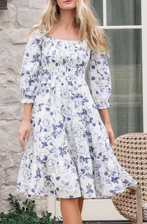 Baltic Born Marta Smocked Floral Midi Dress in White and Blue Size: L thumbnail 1