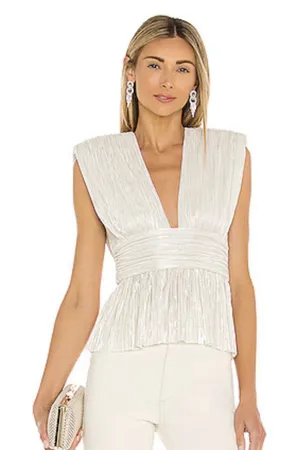 Sabina Musayev Shelby Top Large White Silver Metallic Plisse Deep V-Neck Tie Bow thumbnail 1