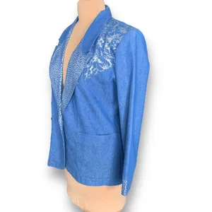 Vintage‎ Blue Denim Blazer Silver Polka Dot Boho Western Jacket Artsy Eclectic thumbnail 7