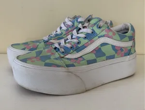 Vans Old Skool Checkerboard Women's 7 Stackform Platform Sneaker Floral Blue thumbnail 1