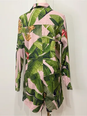 Farm Rio Pink Banana Leaves Linen Jumpsuit Small Long Sleeve Tropical Vacay Chic thumbnail 8