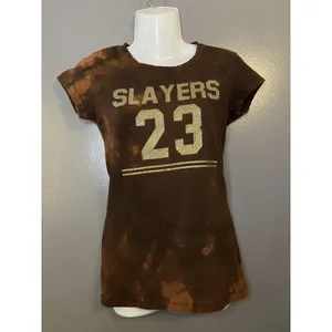 Source Unknown Slayers Shirt Womens Size XS Brown Bleach Dye Glitter 23 Graphic Tee Top thumbnail 2