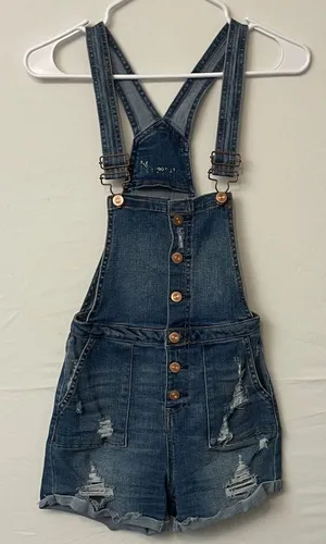 Women’s XS Distressed Jean Overalls High Rise – Vintage Look Short Romper (F10)✨ thumbnail 1