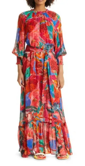 Farm Rio Animal Collage Maxi Dress Red Long Sleeves Tiered Beaded Tassels thumbnail 1