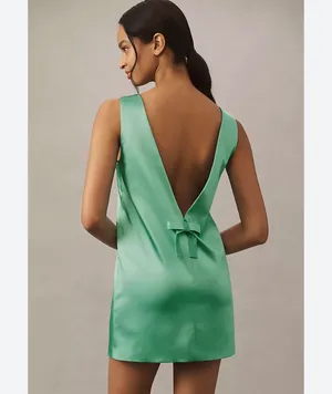 BHLDN Aqua/Teal Satin Bow-Back Mini Dress — Size Large thumbnail 2