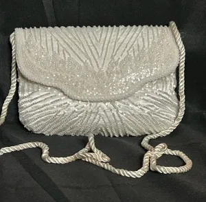 Beaded Ivory Evening Clutch with Rope Strap White thumbnail 1