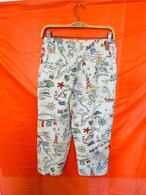 Women’s White Nautical Print Jogger Pants with Elastic Waist thumbnail 2