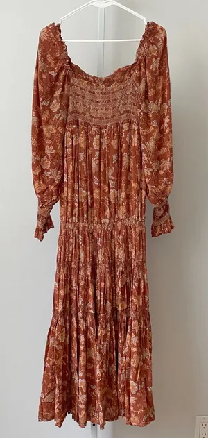 Free People Boho Coastal Smocked Floral Tiered Maxi Dress Small Rust thumbnail 1