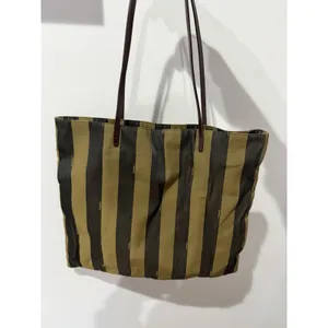 Fendi Brown Black Striped Tote Bag Brown Leather Trim Zip Gold Hardware‎ READ L thumbnail 5