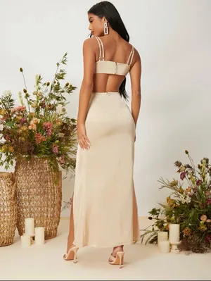 SheIn Cut Out Waist Split Thigh Satin Prom Dress thumbnail 2