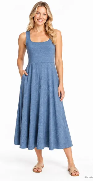 Quince Flowknit Breeze Dress L Blue Midi Fit & Flare Pockets Soft Stretch Travel thumbnail 1
