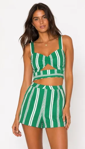 Lovers + Friends Kelly Green Stripe Linen Blend Crop Top & Shorts Set Resort M thumbnail 1