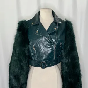AZALEA WANG Nolla Faux Fur Arms Croc Moto Jacket Jade Green Vegan Leather Medium thumbnail 3