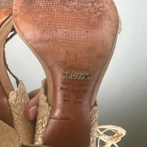 Schutz Natural Woven Raffia Lace Up Block Heel Sandals Tan Size 37 EU 7 US thumbnail 6