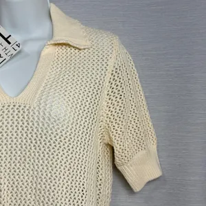 41 Hawthorn Womens Ecru Open Knit Cotton Polo Sweater Short Sleeve XS NEW thumbnail 5