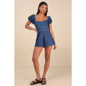 NWT Lulus Feylith Medium Wash Denim Romper Blue Lace Up Back Party Date Size M thumbnail 6
