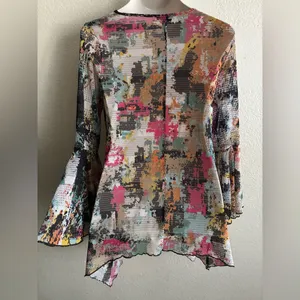 Dor Dor Couture Multicolor Abstract Sheer Mesh Hankerchief Hem Long Bell SleeveM thumbnail 3
