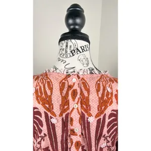 Farm Rio Women's Blouse Orange Pink Size L Puff Sleeve Boho Floral Peasant Top thumbnail 4