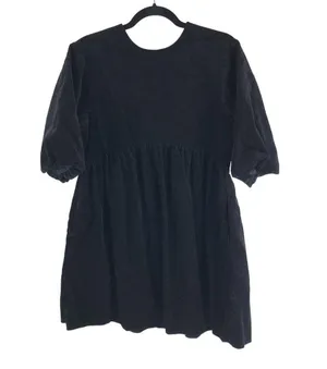 Everlane The Tiered Corduroy Dress Cotton Stretch Puff Sleeve Black Size M thumbnail 1