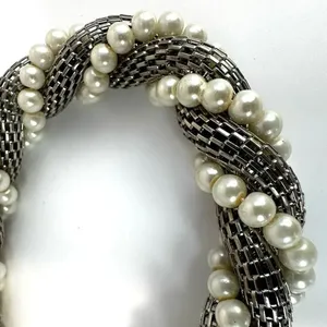 Silver tone and faux pearl mesh twisted choker necklace thumbnail 4