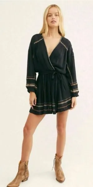NWT $148 FREE PEOPLE Delilah midnight long sleeve boho mini dress XS thumbnail 1
