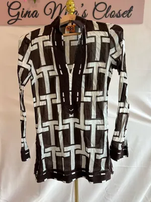 Tory Burch Brown and White Geometric Print Long Sleeve Tunic Top Size 0 thumbnail 1