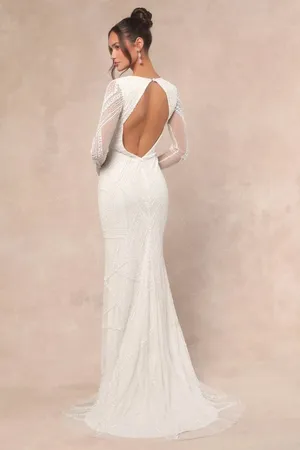 NWT Lulus Deedra White Sequin Beaded Backless Maxi Dress Wedding Bridal Bride M thumbnail 2
